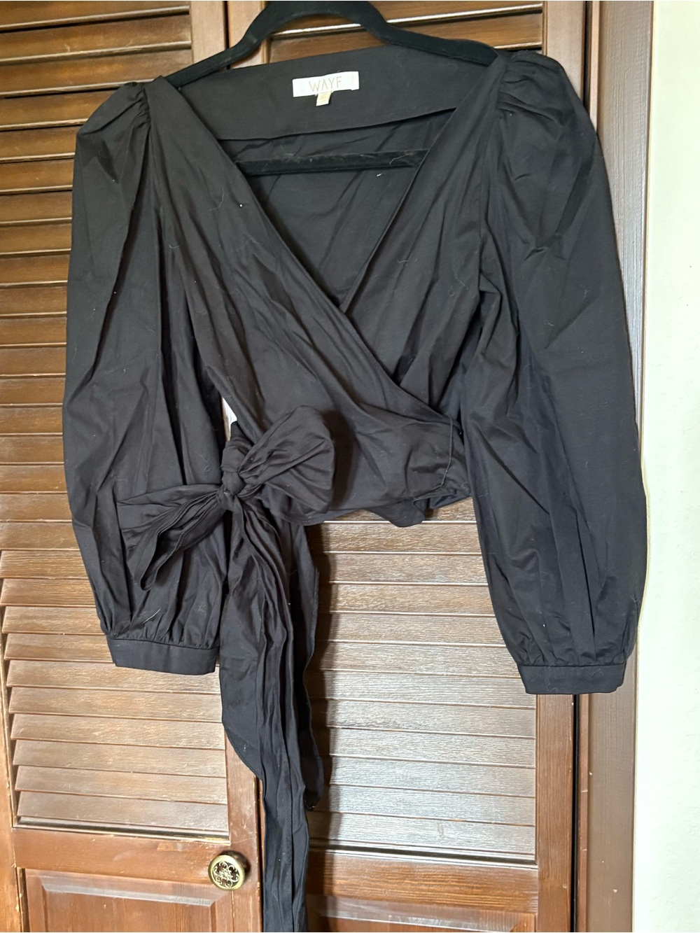 Wayf Black Wrap Tie Blouse with Puff Sleeves